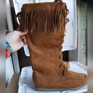 NEW Soda Vinery-S Tan Fringe Moccasin Tall Lace-Up Boots Brown Faux Leather 8
